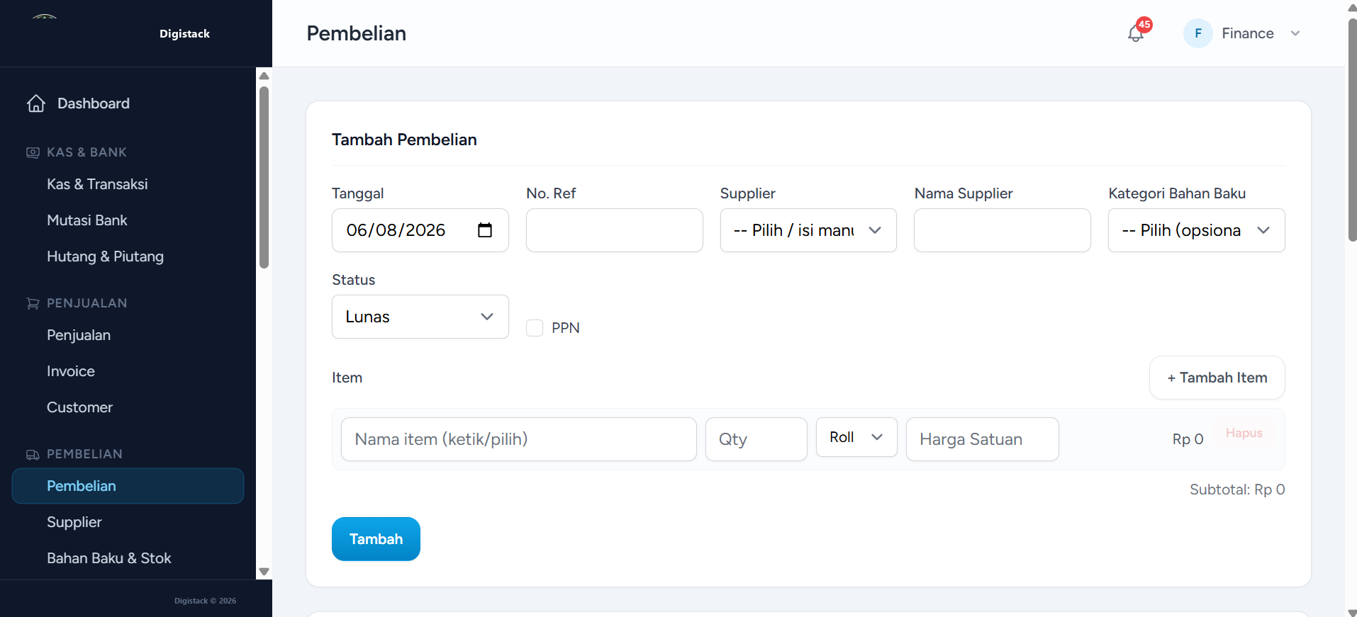 Form Pembelian Supplier dan Rekon Piutang